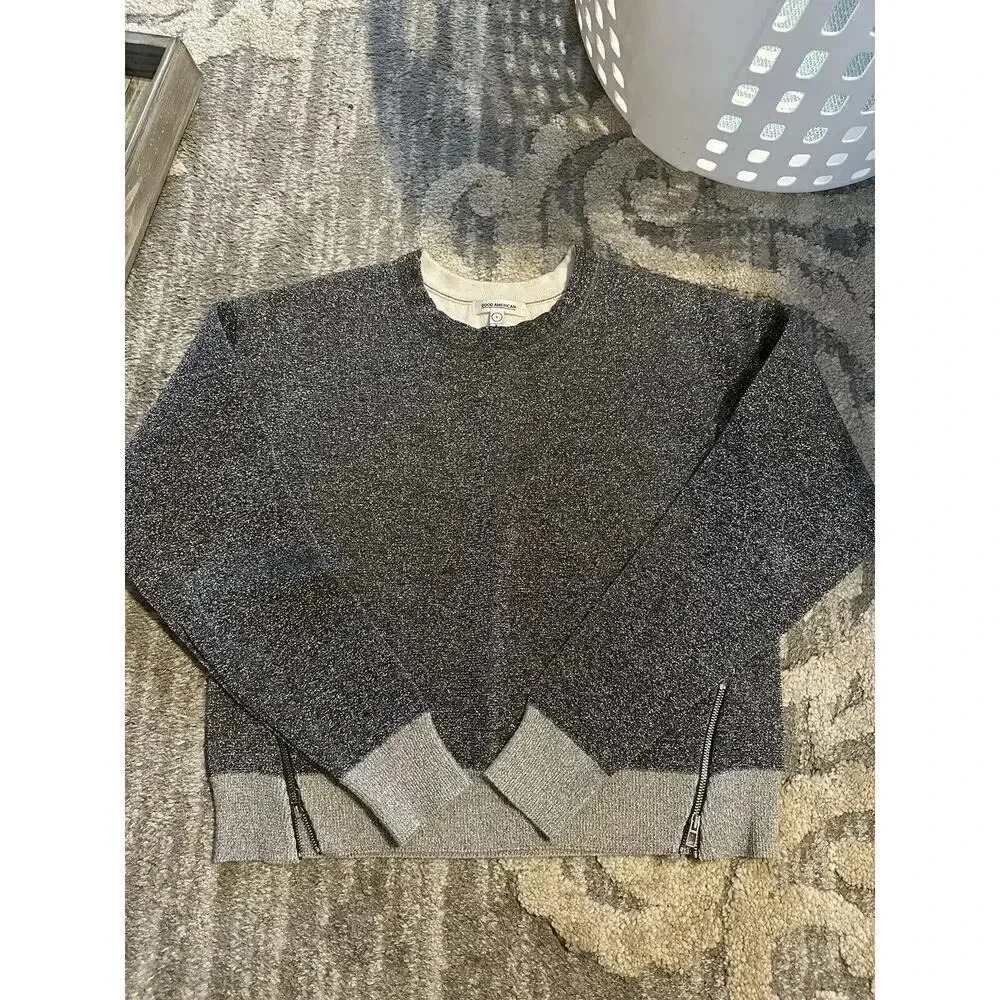 Good American Sweatshirt Womens 1 All That Glitters Silver Side Zipper‎ Detail